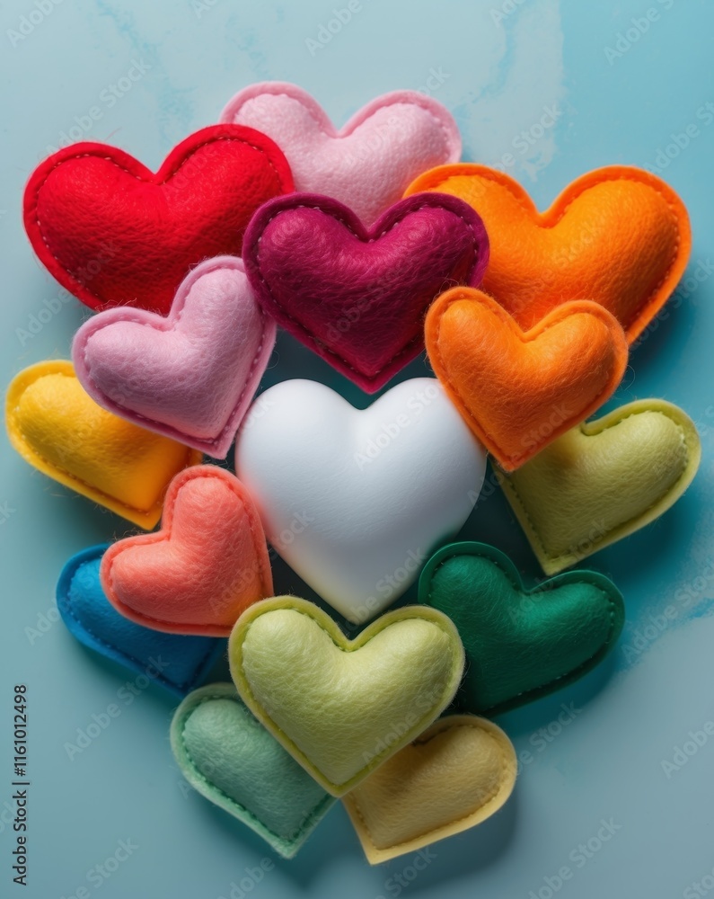 Fototapeta premium Colorful Felt Hearts in Various Shades Surrounding a White Heart on Blue Background