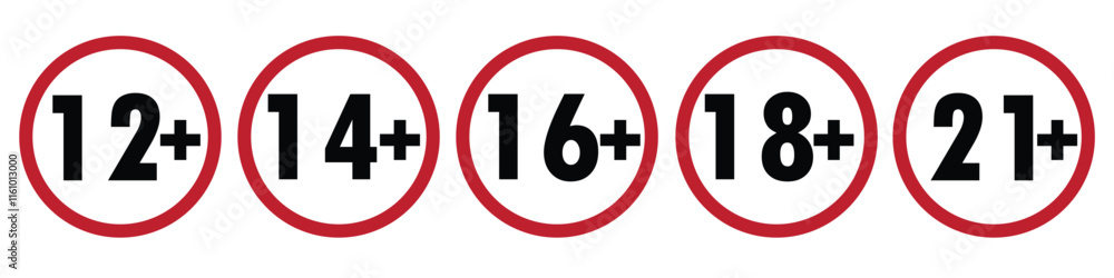 Adults content only age restriction 12, 14, 16, 18, 21 plus years old icon signs set Adults content only age restriction 12, 14, 16, 18, 21 plus years old icon signs set