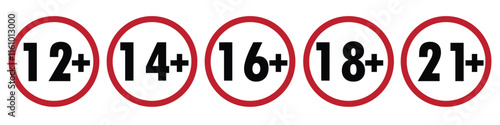 Adults content only age restriction 12, 14, 16, 18, 21 plus years old icon signs set