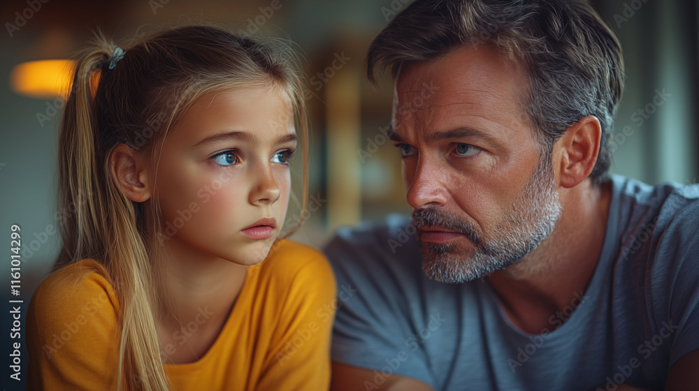 Father and daughter having serious conversation at home, emotional moment Father and daughter having serious conversation at home, emotional moment