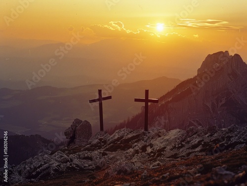 Photograph capturing the tranquil beauty of sunset at a remote Christian place of worship on a mountain.