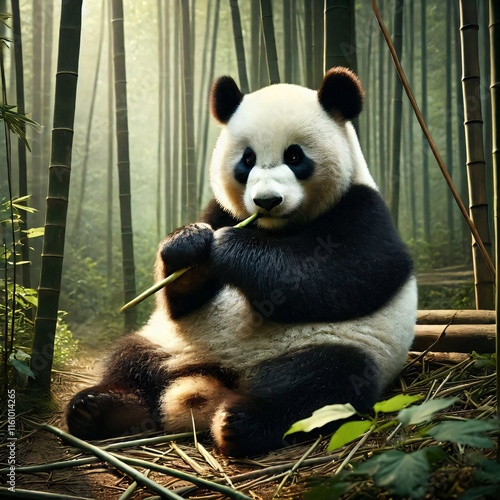 A panda sitting amidst bamboo forest, munching on bamboo shoots, with its round body highlighted. photo