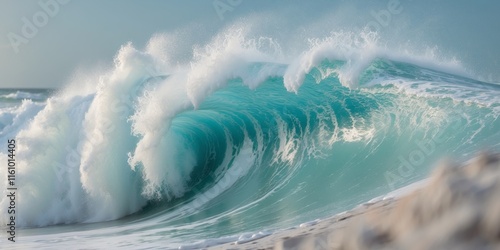 Close up of crashing ocean wave with white foam and turquoise water