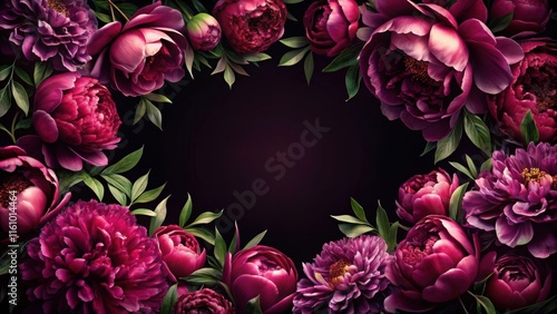 Fototapeta Naklejka Na Ścianę i Meble -  A vibrant border of rich purple peonies with lush green leaves arranged around a dark background