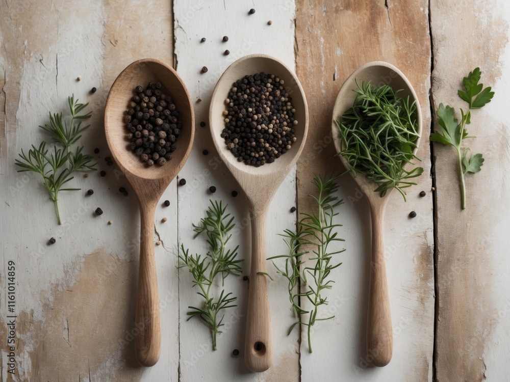 Black pepper and green herbs in wooden spoons on rustic wooden background culinary concept Black pepper and green herbs in wooden spoons on rustic wooden background culinary concept