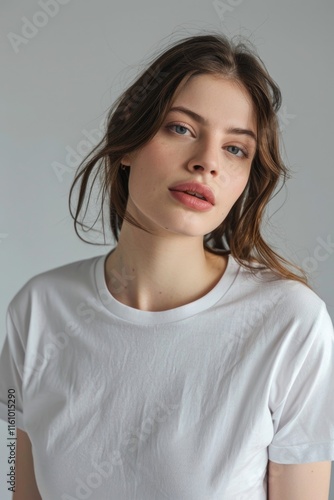 Woman wearing white shirt looking slightly away from the camera with a neutral expression. photo