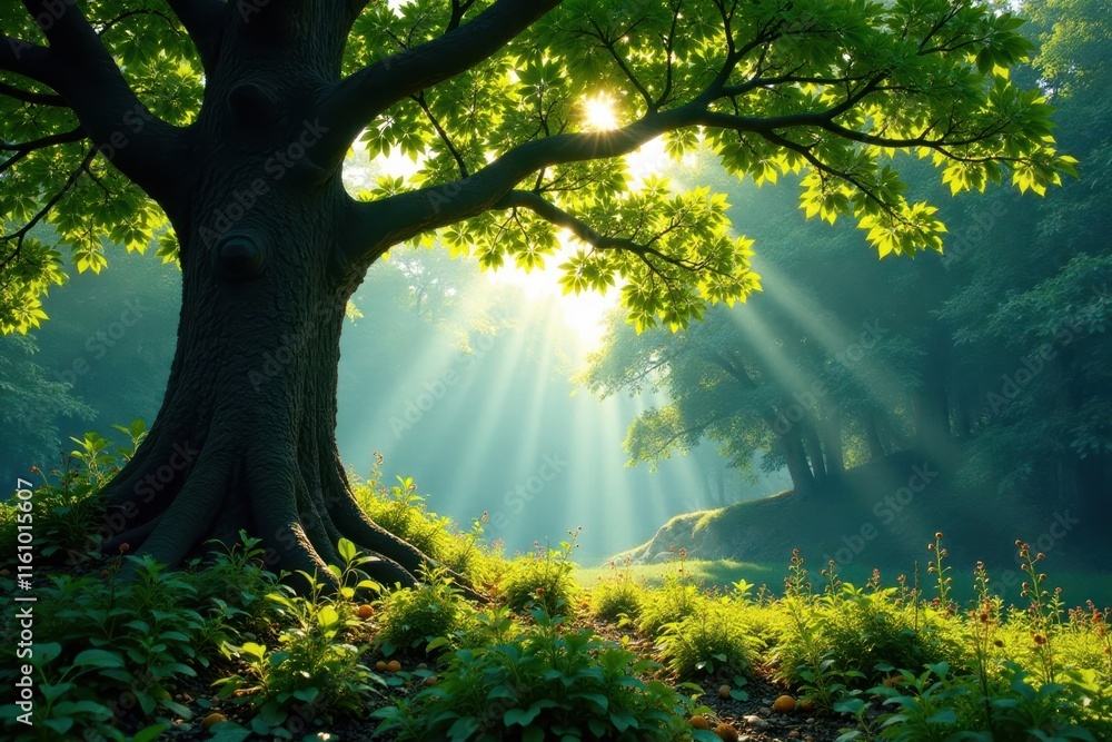 A majestic tree stands tall amidst a sea of dappled sunlight in the wild forest floor, sunlit, roots, nature A majestic tree stands tall amidst a sea of dappled sunlight in the wild forest floor, sunlit, roots, nature