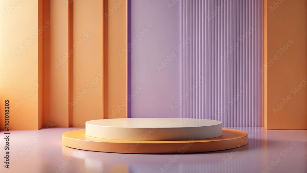 Minimalist Product Display Featuring a Two-Tiered Cylindrical Platform Set Against a Wall of Vertical Stripes in Warm and Cool Tones Minimalist Product Display Featuring a Two-Tiered Cylindrical Platform Set Against a Wall of Vertical Stripes in Warm and Cool Tones