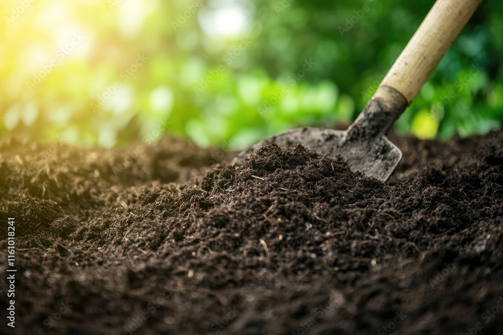 Shovel digging into rich soil, sunlight illuminating vibrant gar Shovel digging into rich soil, sunlight illuminating vibrant gar