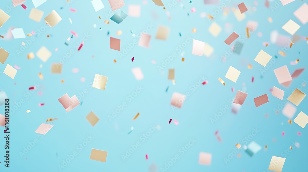 Colorful confetti falling on a blue background, creating a festive atmosphere for a birthday party or holiday celebration, with pastel-colored paper squares and bokeh lights in the air. A joyful close Colorful confetti falling on a blue background, creating a festive atmosphere for a birthday party or holiday celebration, with pastel-colored paper squares and bokeh lights in the air. A joyful close
