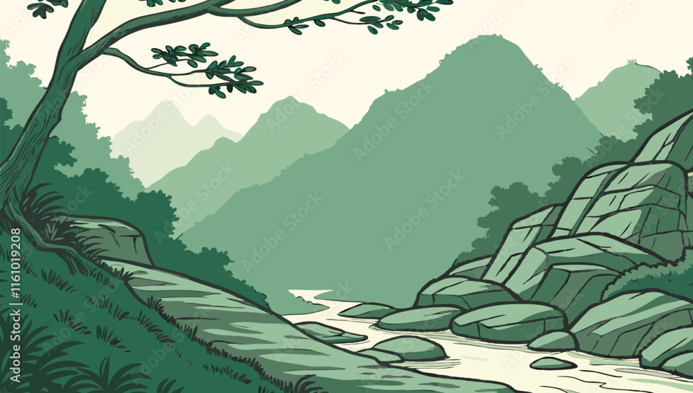 Fototapeta premium Vector illustration of landscape with mountain and tress, nature vector illustration 