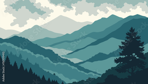 Watercolor painting of mountains layers. landscape with mountains. Vector illustration of mountains