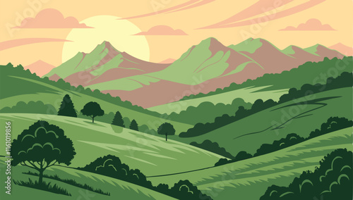 Flat landscape Vector illustration with green Mountain Peaks. landscape Vector illustration