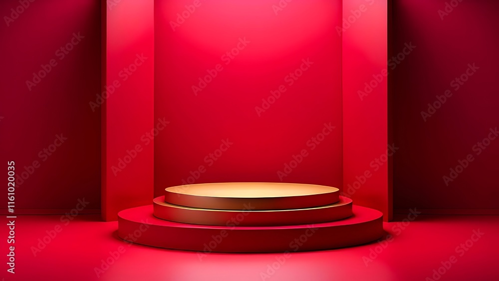 Red and gold tiered platform in a minimalist room. Red and gold tiered platform in a minimalist room.
