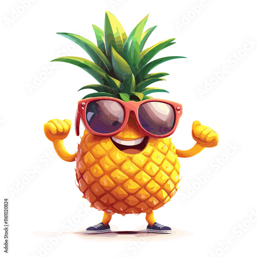 Cheerful pineapple character wearing sunglasses and celebrating in a vibrant and colorful style