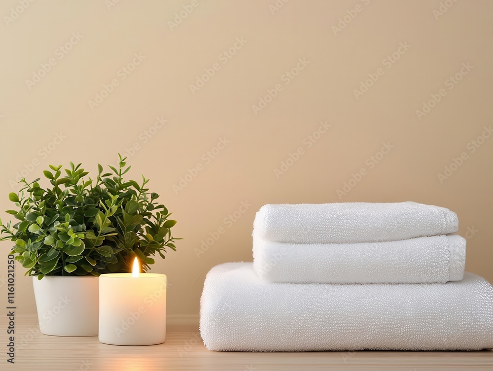 A serene minimalist spa scene, featuring white towels, green plants, and glowing candles A serene minimalist spa scene, featuring white towels, green plants, and glowing candles