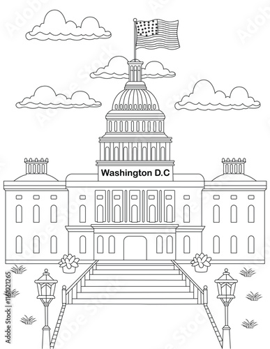 Wallpaper Mural The White House in Washington D.C., USA. The American flag waves high above, and the name "Washington D.C." is written formally. White House coloring page for kids and adults. Torontodigital.ca