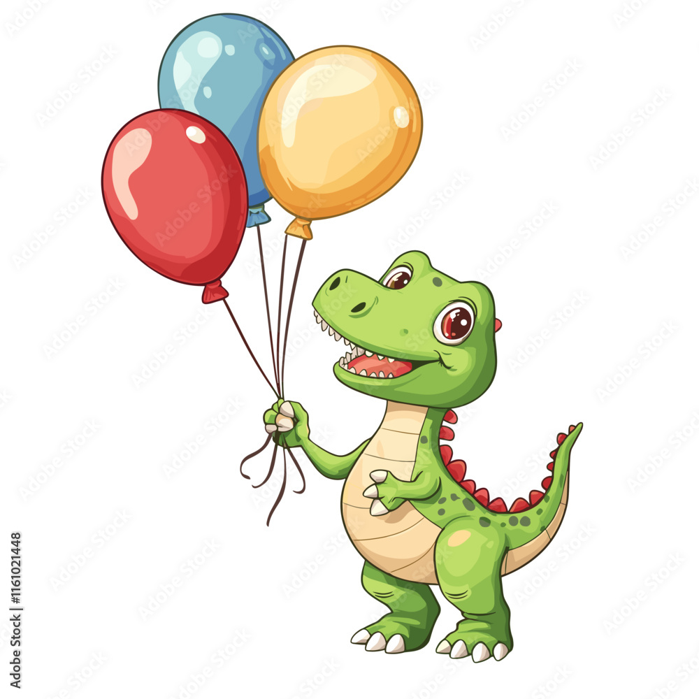 Fototapeta premium Cute dinosaur character holding colorful balloons, perfect for children's celebrations and parties
