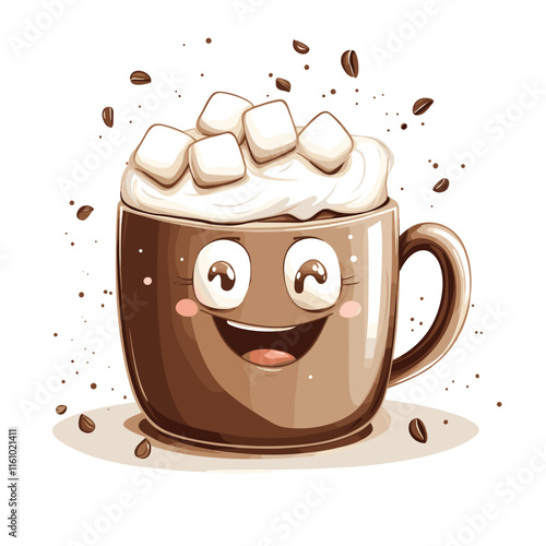Cute animated coffee cup with whipped cream and marshmallows brings joy during cozy winter mornings