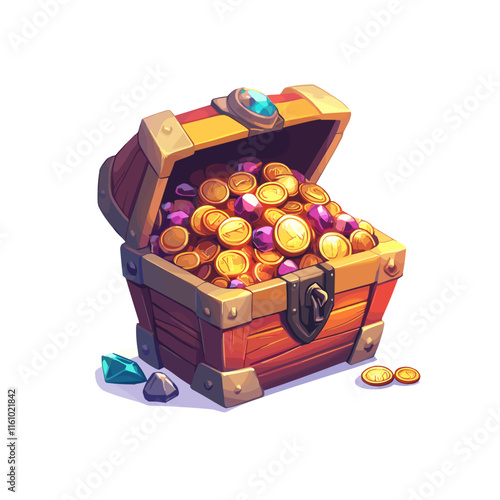 Treasure chest overflowing with gold coins and colorful gemstones in a fantasy setting