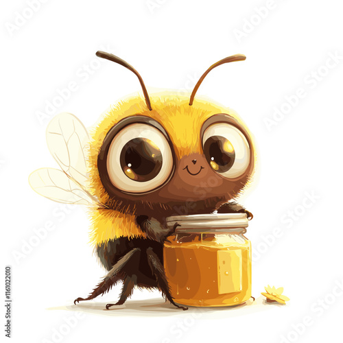 Happy cartoon bee holding a jar of honey in bright colors with a cheerful expression