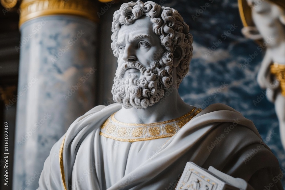 Obraz premium Majestic Marble Statue of Ancient Greek Philosopher Embodying Stoicism with Golden Accents - Fine Art Sculpture Photography