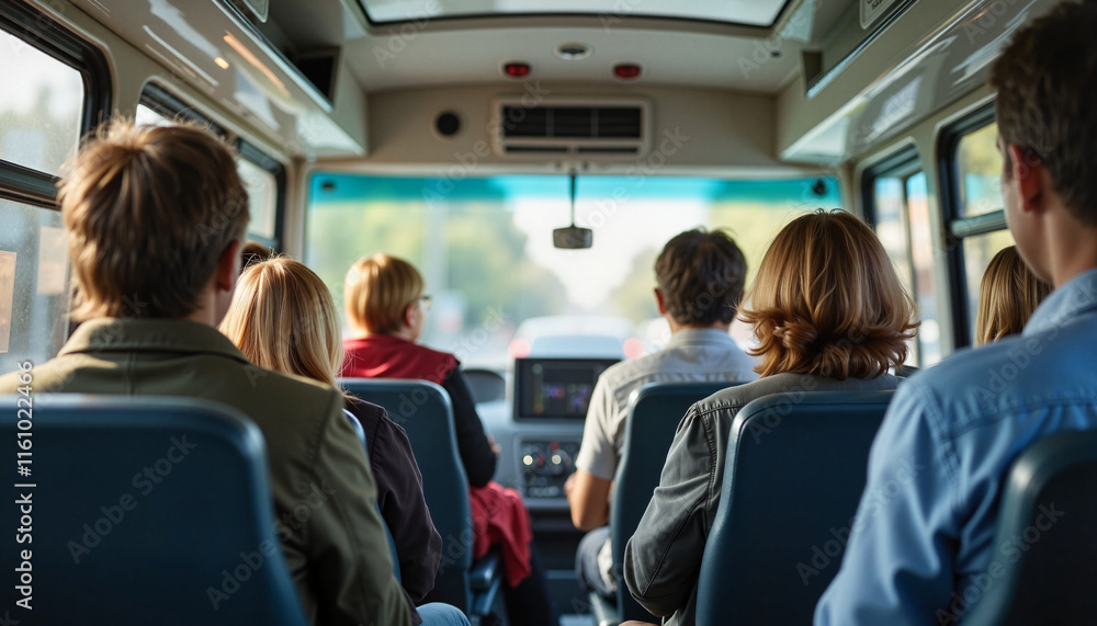 Fototapeta premium Passengers relaxing in bus interior under urban light, public transport comfort