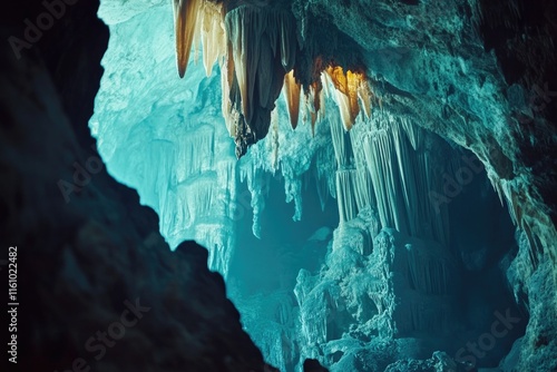 Stalactites glimmer in turquoise light, revealing nature's hidde photo