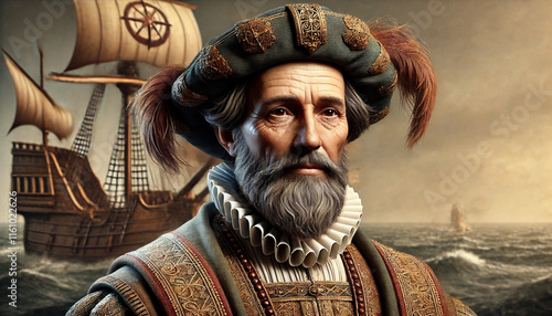 personnage d'explorateur de la renaissance, inspiré de Vasco de Gama