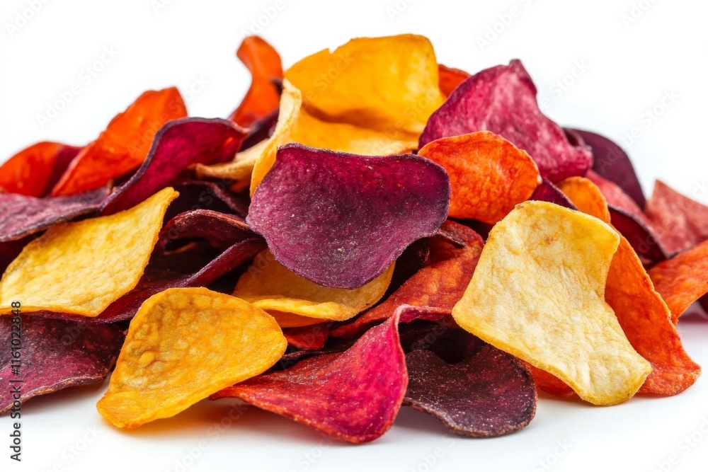 Organic Vegetable Chips from Potatoes, Beets, and Carrots on White Background - Food Banner Concept Organic Vegetable Chips from Potatoes, Beets, and Carrots on White Background - Food Banner Concept