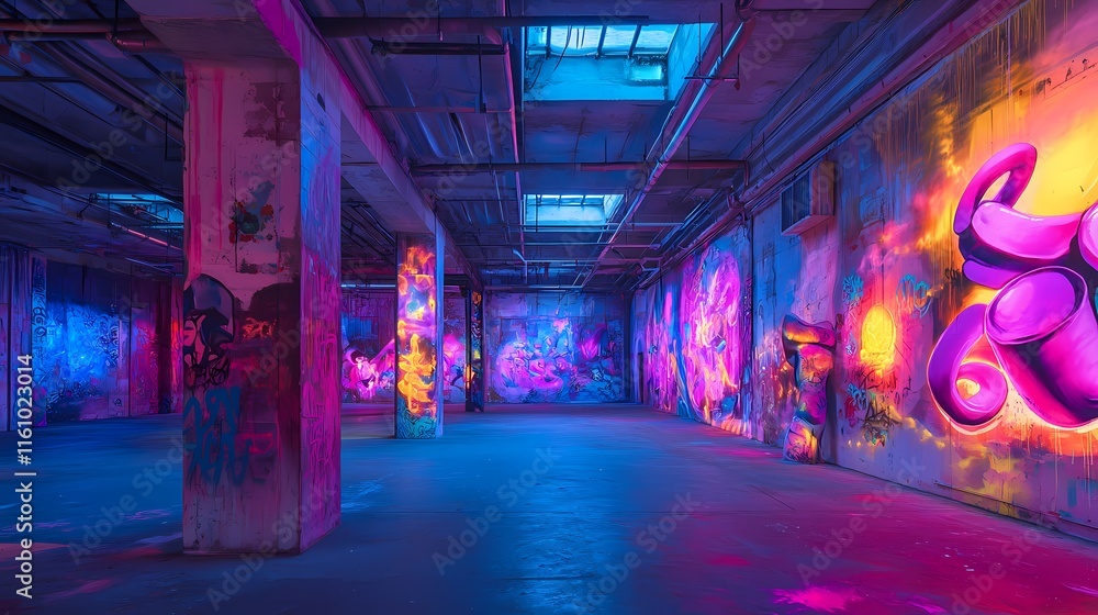 Neon Graffiti Underground Parking Garage Neon Graffiti Underground Parking Garage