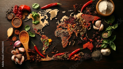 Worldwide culinary map created with food ingredients and vegetables - concept design for Adobe Stock photo