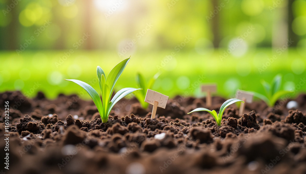 Fototapeta premium Newly sprouted grass seeds growing in spring backyard garden, renewal