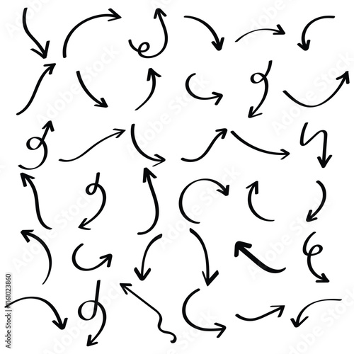 A collection of hand drawn doodle arrow icons featuring playful, curved designs. This set includes whimsical sketches of arrows in various style.