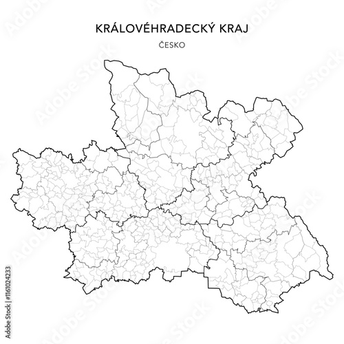Political Map of the Hradec Králové Region (Královéhradecký kraj) with Districts (Okres), AD MEC (SO ORP), AD CLA (SO POU) and Municipalities (Obcí) 2024 - Czechia/Czech Republic (Česko) - Vector Map