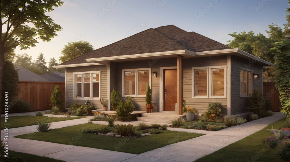 A one-floor bungalow with a warm, inviting living room, two bedrooms, a full kitchen, and a backyard garden with a small patio.
A one-floor bungalow with a warm, inviting living room, two bedrooms, a full kitchen, and a backyard garden with a small patio.