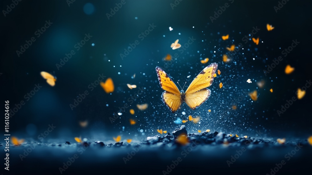 Fototapeta premium Cascade of butterflies emerging from cracked earth symbolizes hope and regeneration in a vibrant display