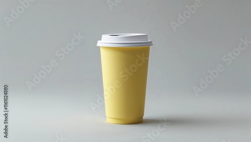 a plain yellow disposable coffee cup with a lid