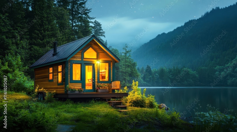 Fototapeta premium Night view of a tiny home glowing softly, powered by renewable energy, surrounded by nature under a starry sky, realistic high detailed.