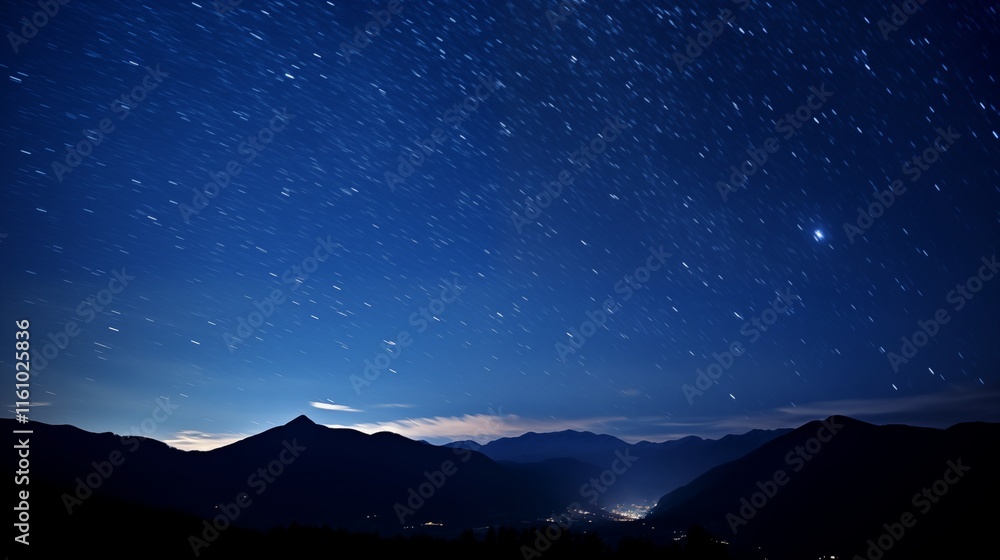 Long exposure of a strars moving in the night sky, golden hour lighting, empty space on the left for text,generative ai illustration Long exposure of a strars moving in the night sky, golden hour lighting, empty space on the left for text,generative ai illustration