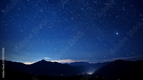 Long exposure of a strars moving in the night sky, golden hour lighting, empty space on the left for text,generative ai illustration
