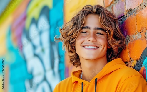 Teen with a mischievous grin, modern streetwear, urban setting, clear and high definition, vivid tones.