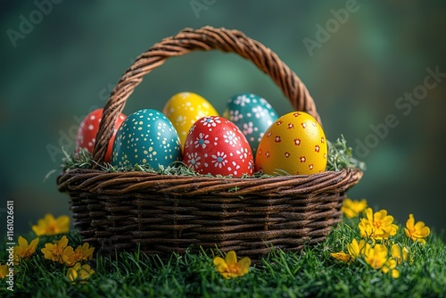 Colorful Easter eggs in a rustic basket amongst wildflowers.