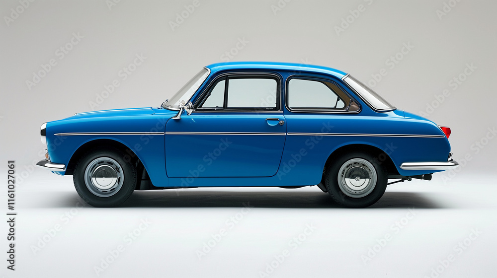 Naklejka premium Bright Blue Vintage Compact Car with Classic Design on Neutral Background