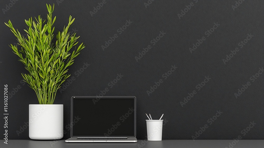 Minimalist workspace with laptop, plant, and cup against dark wall. Minimalist workspace with laptop, plant, and cup against dark wall.