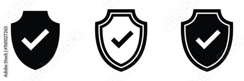 Shield check mark icon. Set of security shield icons. Shield protection icon with check mark sign. Strong protection tick shield. Tick mark approved.