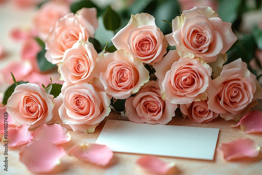 Obraz premium Elegant Blank Card Framed by Delicate Pink Roses