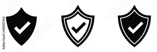 Shield check mark icon. Set of security shield icons. Shield protection icon with check mark sign. Strong protection tick shield. Tick mark approved.