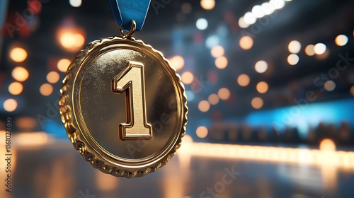 Gold medal with number one hanging on blue ribbon, blurred stadium background. photo