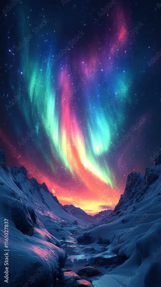Magical Aurora Borealis over Snowy Mountains Magical Aurora Borealis over Snowy Mountains